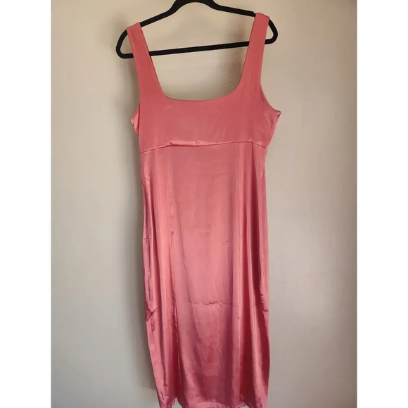 Defect Maeve Square-Neck Satin Stretch Midi Dress size L Rose Pink 9B402 - Picture 4 of 16